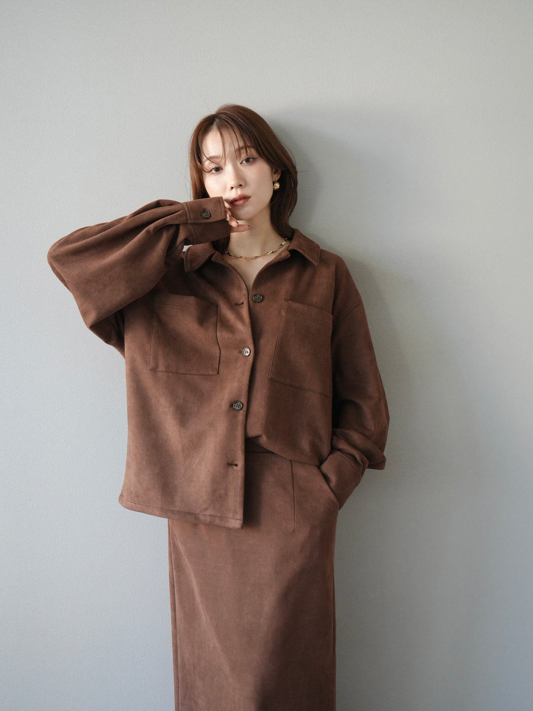 [SET]スエードシャツジャケット+スエードタイトスカート(2set)