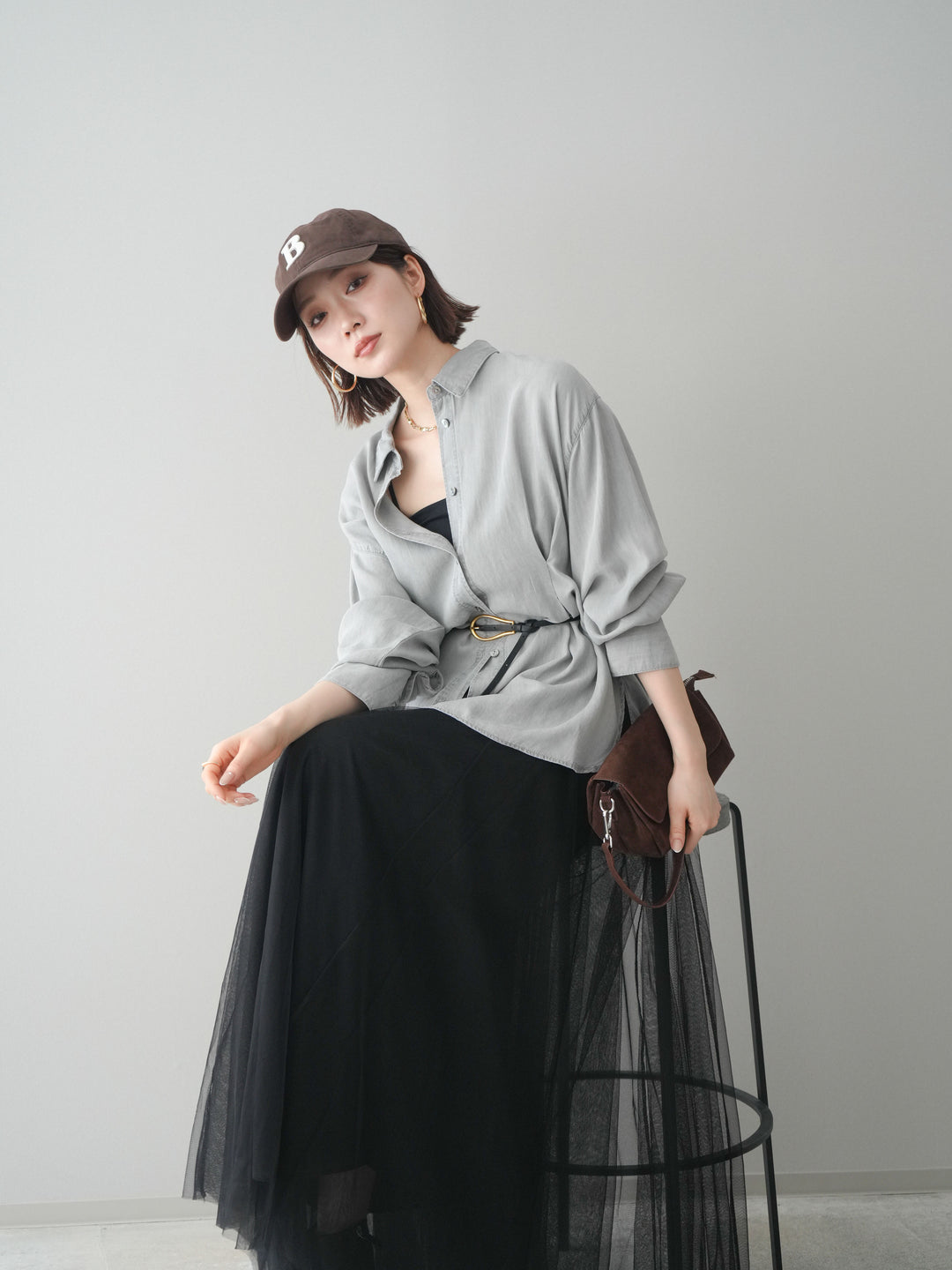 [SET]テンセルデニムタックシャツ+チュールボリュームスカート(2set)