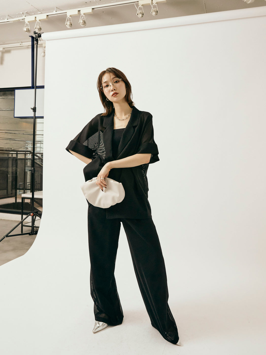 [予約]メッシュタックワイドパンツ/ブラック