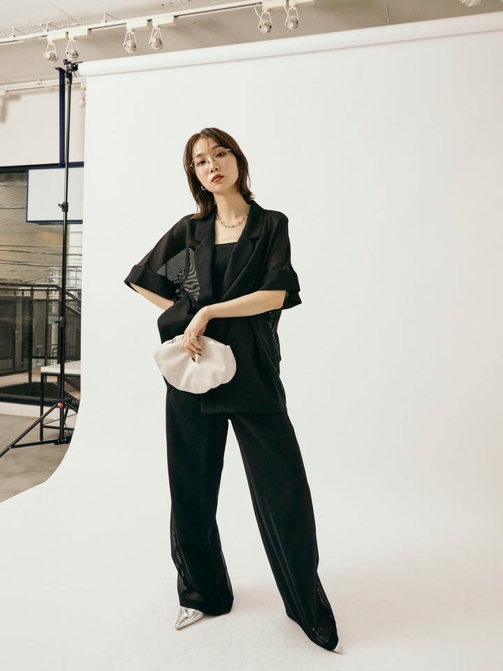 [予約]メッシュタックワイドパンツ/ブラック