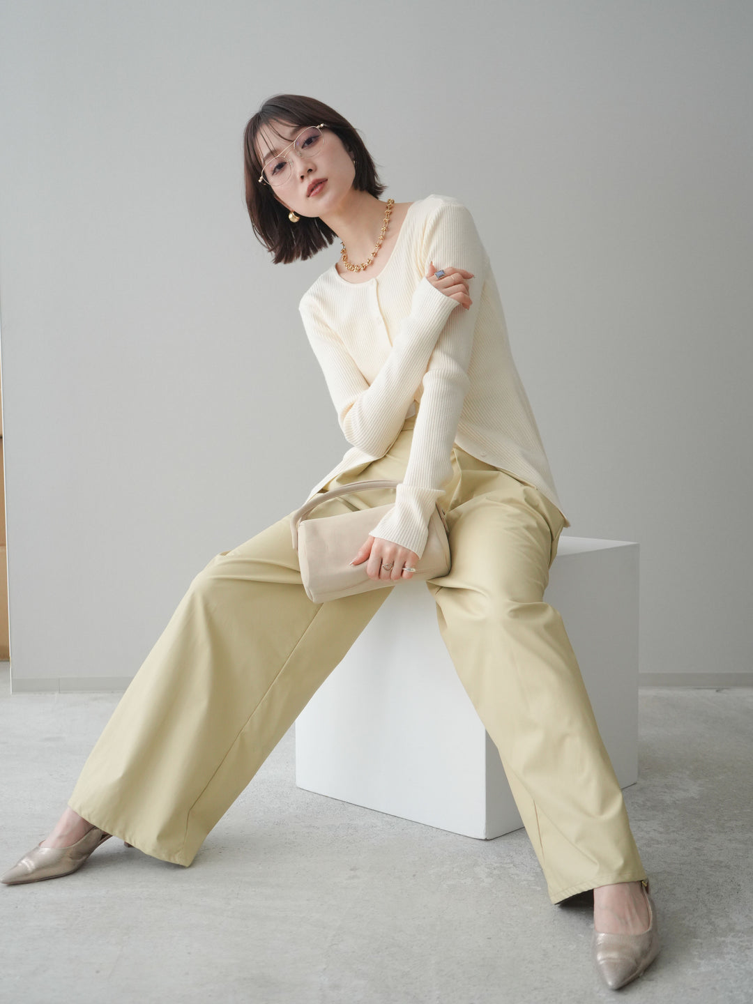 [予約]前後2WAYリブ編みクルーネックカーディガン/ivory