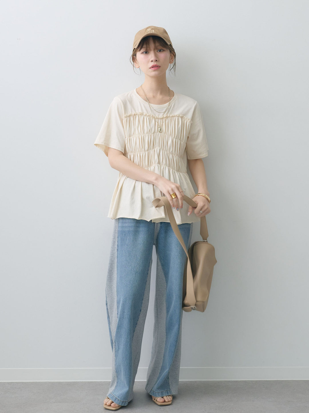 [SET]クールタッチシャーリングTEE+デニム切替スウェットパンツ(2set)