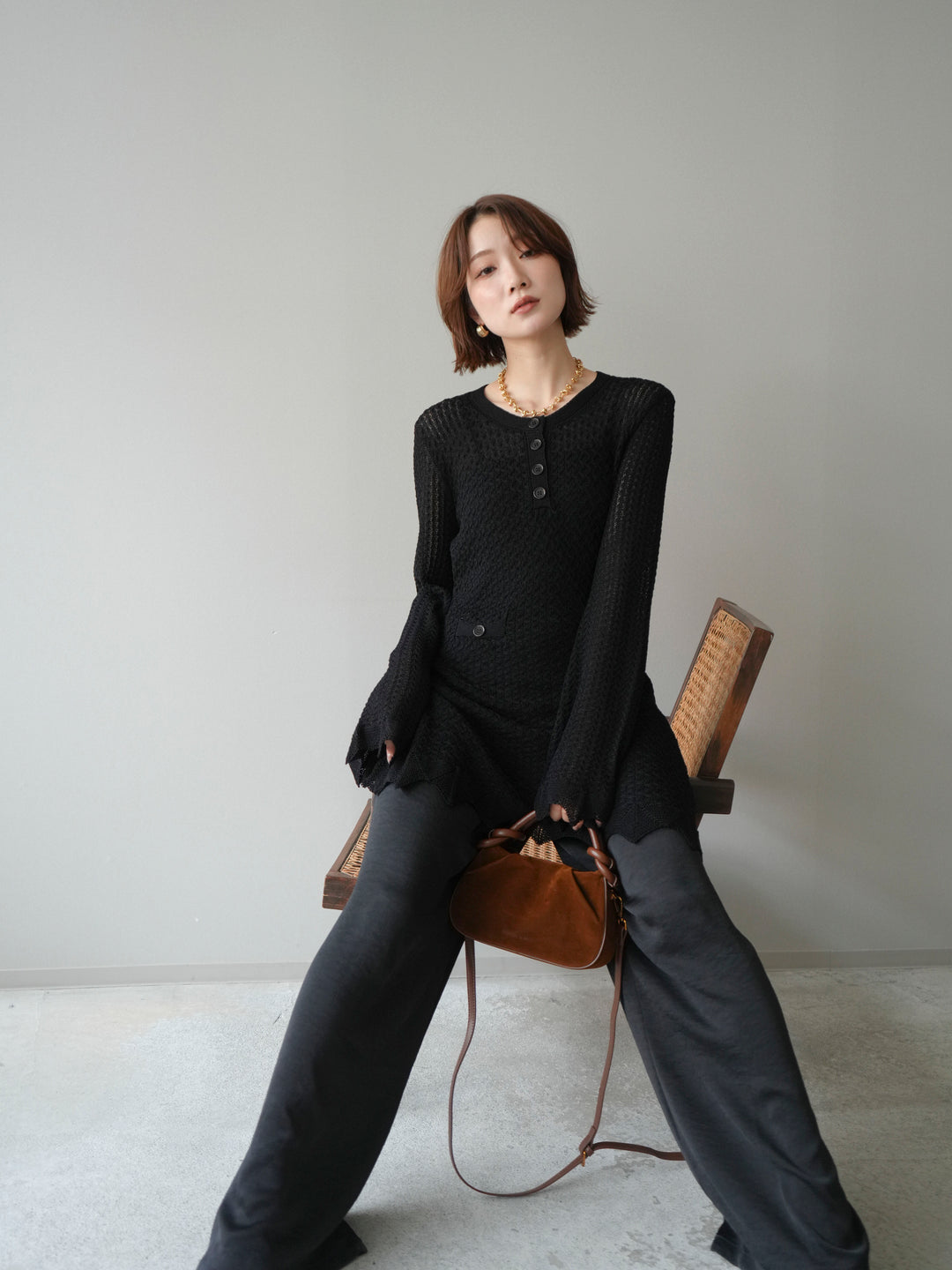 [予約]ヘンリーネックニットチュニック/black