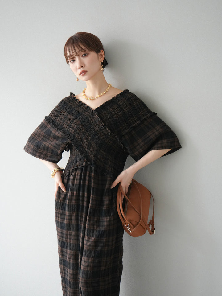 [予約]チェック柄ハーフスリーブシャーリングクロスサロペット/ブラウン
