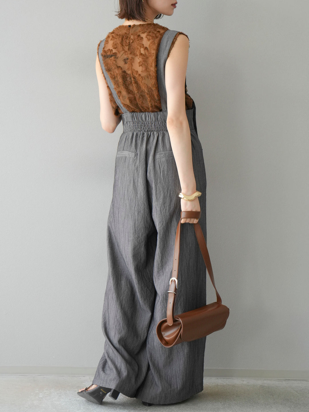 [予約]ストリングデザインハイウエストサロペット/チャコール