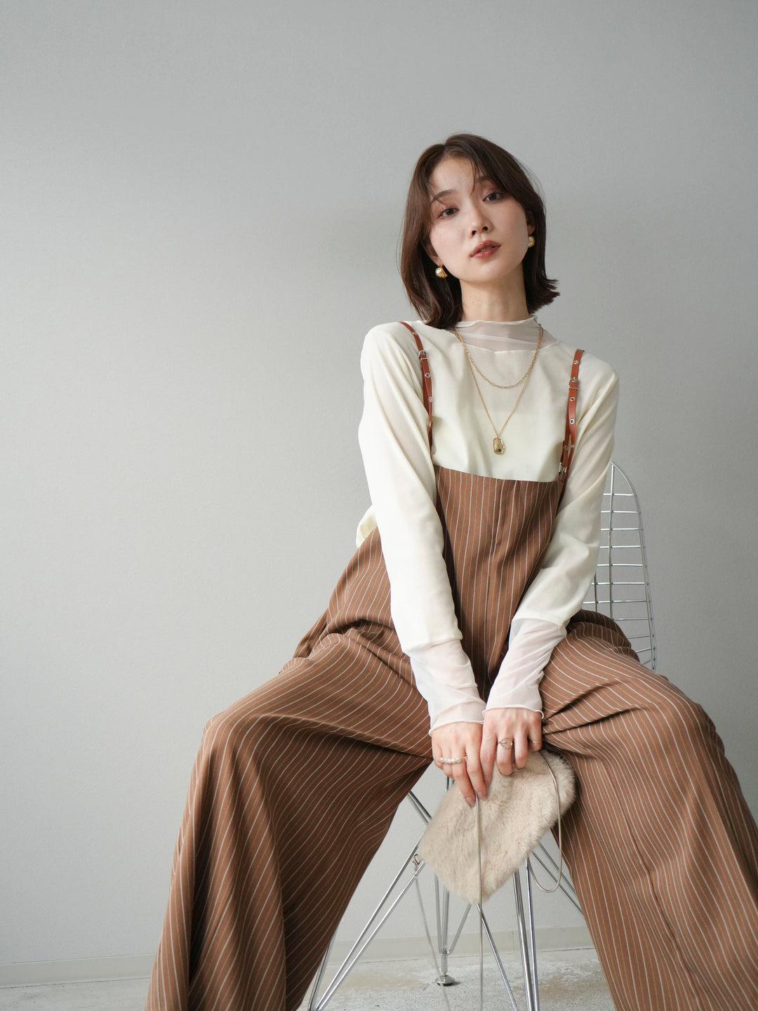 【着回しセット】[SET]ヘリンボーンストライプジレ+シアー切替ベロアトップス+ヘリンボーンストライプサロペット(3set)