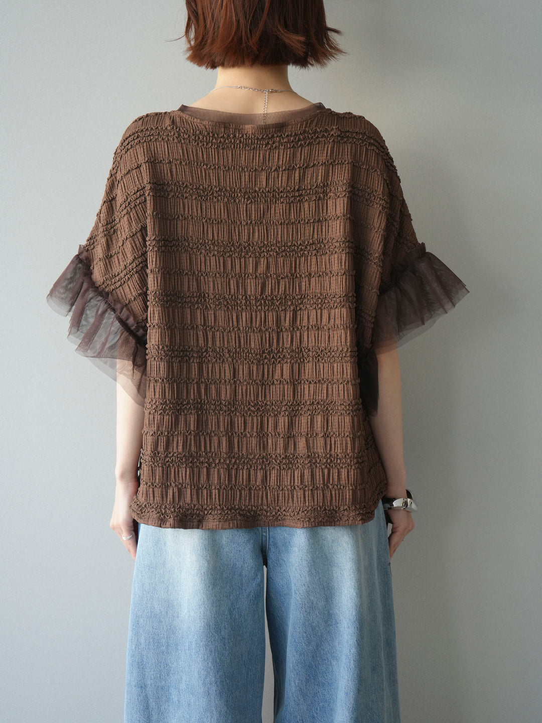 [予約]チュール袖リップルトップス/brown