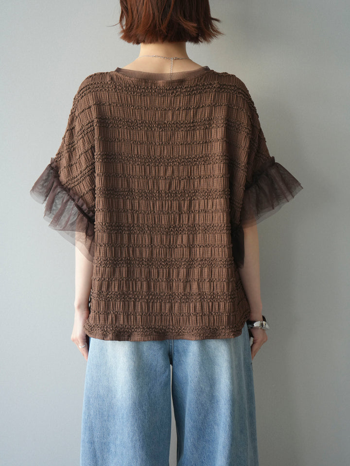 [予約]チュール袖リップルトップス/brown