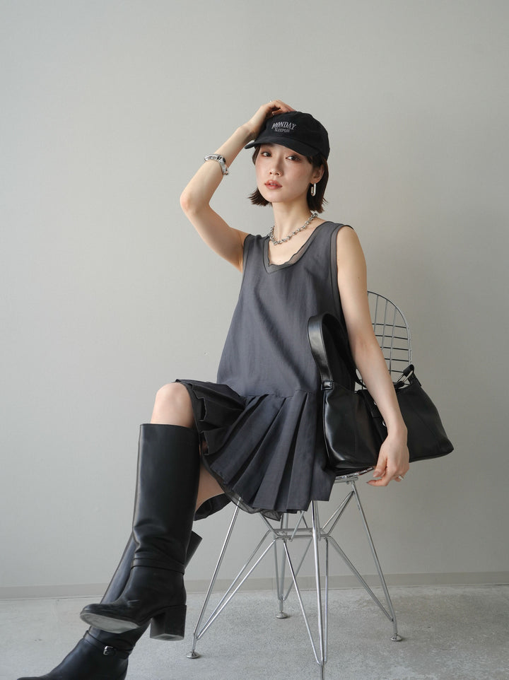 [予約]チュールドッキング裾プリーツミニワンピース/charcoal