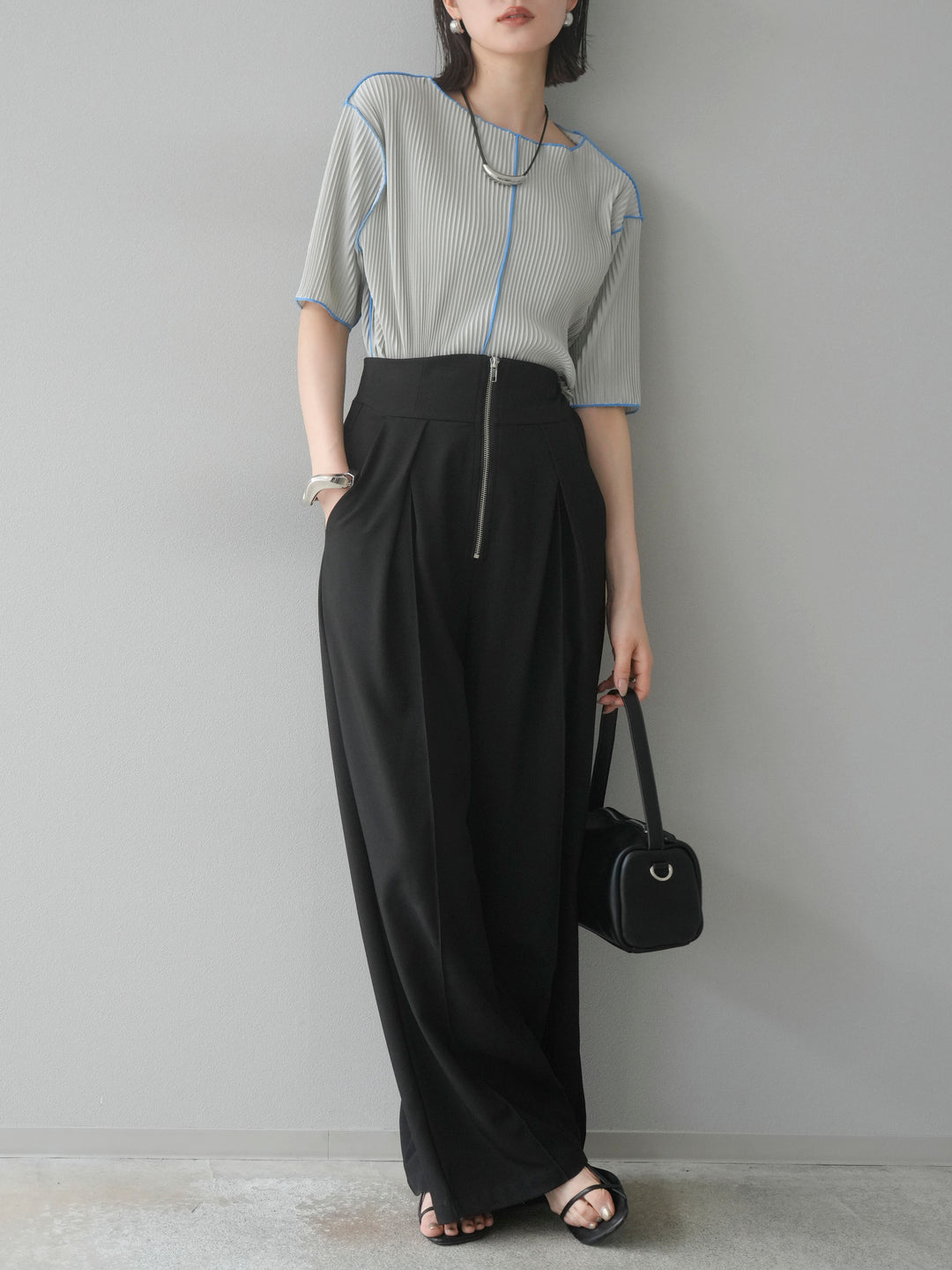 【SET】配色褶皺半袖上衣 + 配色褶皺半袖上衣 (2 件套)