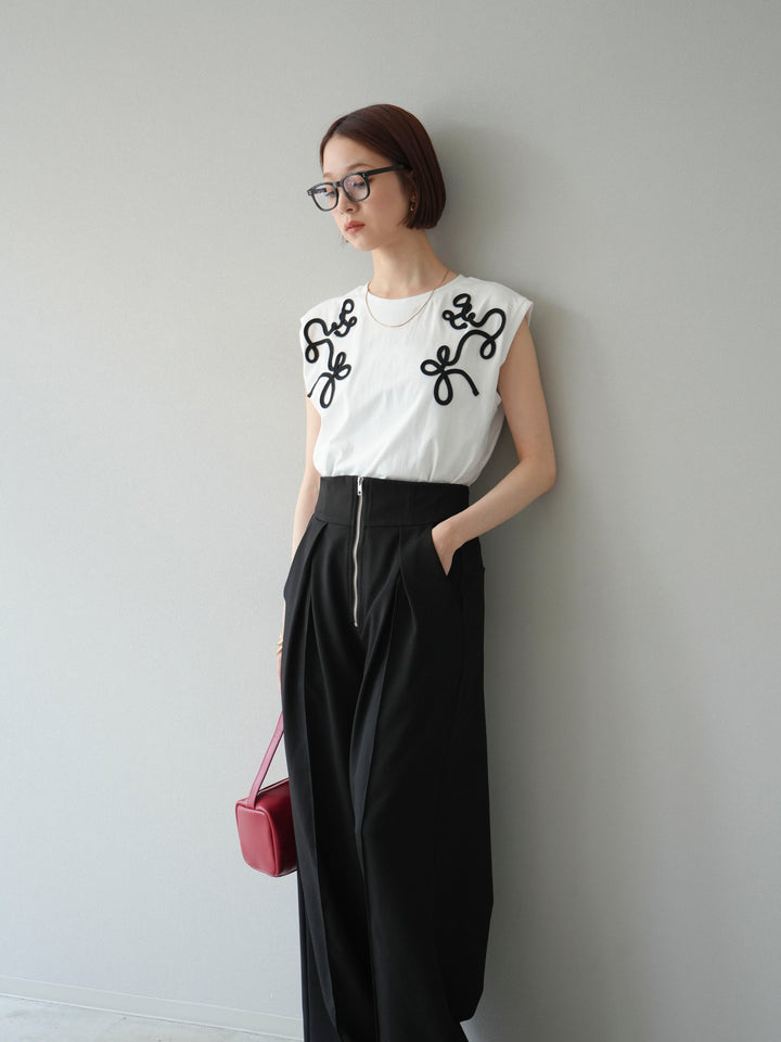 [SET]コード刺繍フレンチスリーブTシャツ+ジップタックワイドパンツ(2set)