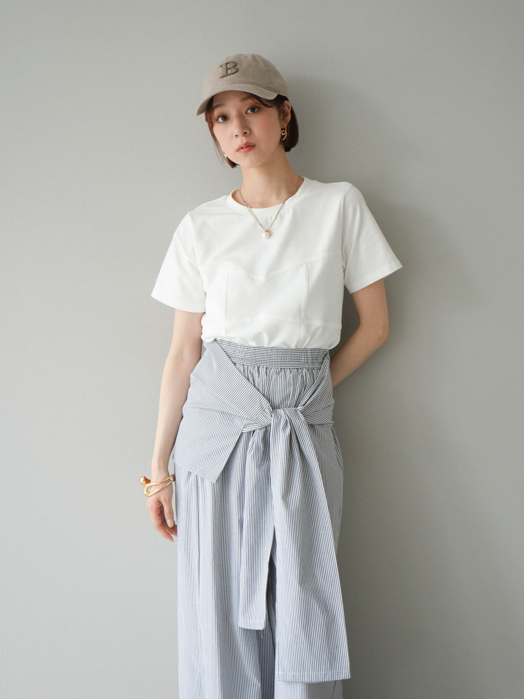 [SET]ビスチェデザインTシャツ+ウエスト巻きストライプイージーパンツ(2set)