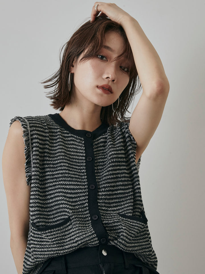 [予約]ボーダー袖フリンジニットベスト/ブラック