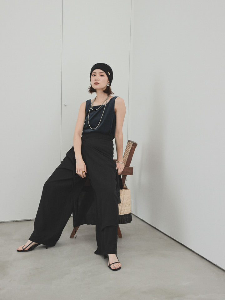 [SET]スクエアベロアタンクトップ+ワッシャーサテンレイヤードスカートパンツ(2set)