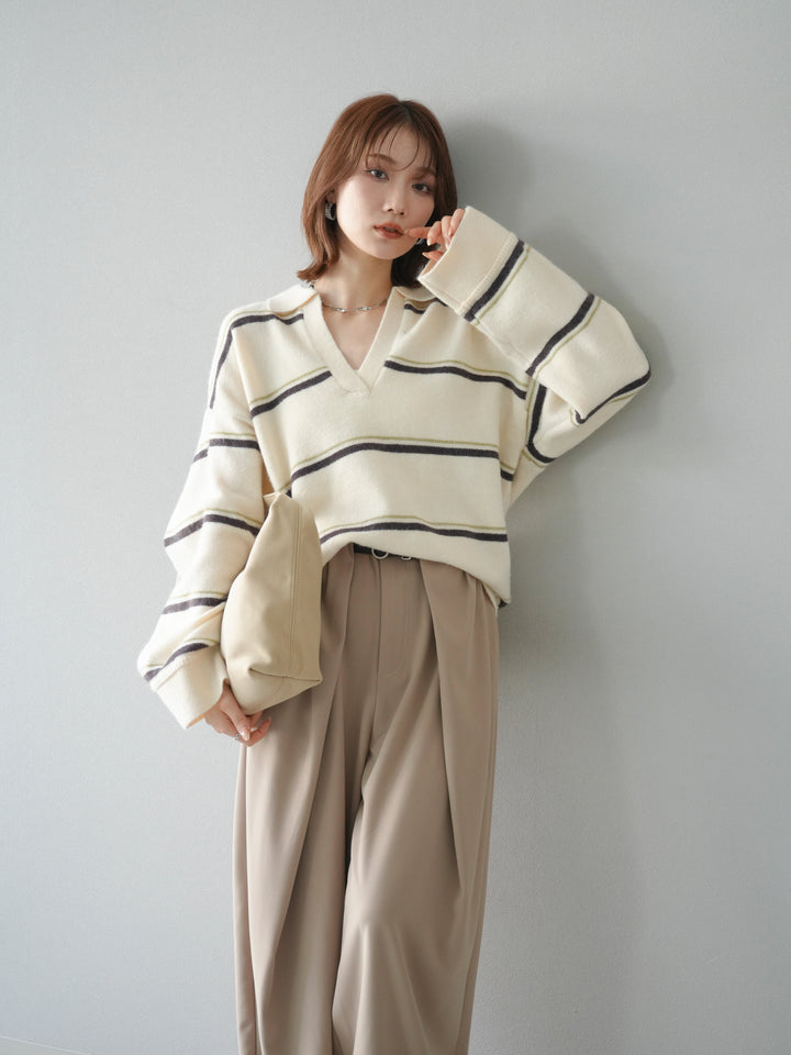 [予約]ポロ襟スキッパーボーダーニットプルオーバー/アイボリー