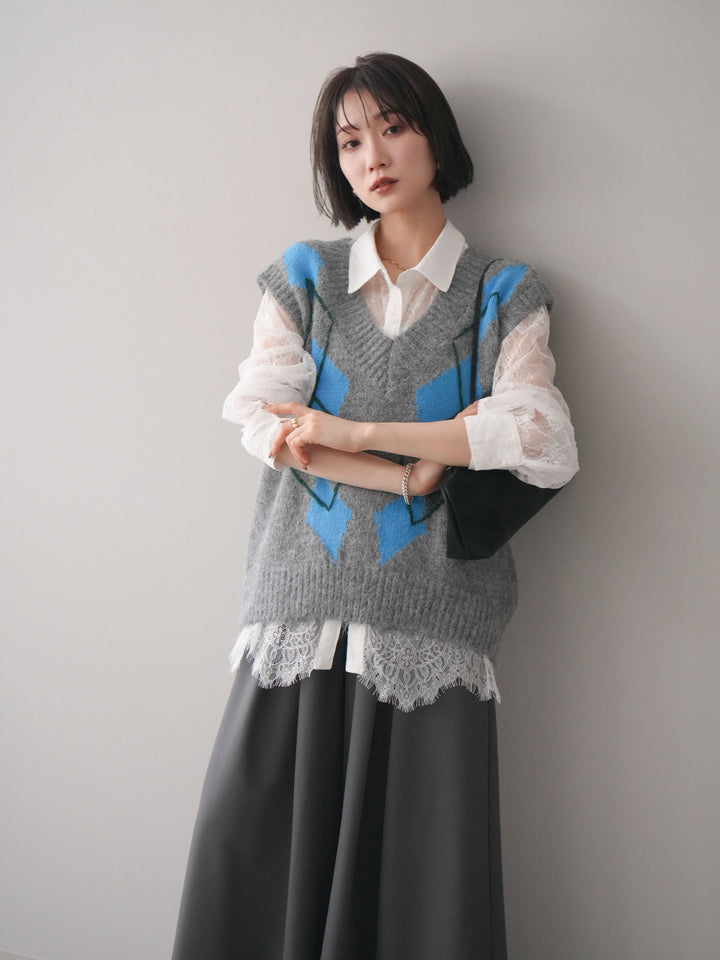 [SET]アーガイルVネックニットベスト+選べるアクセセット(2set)