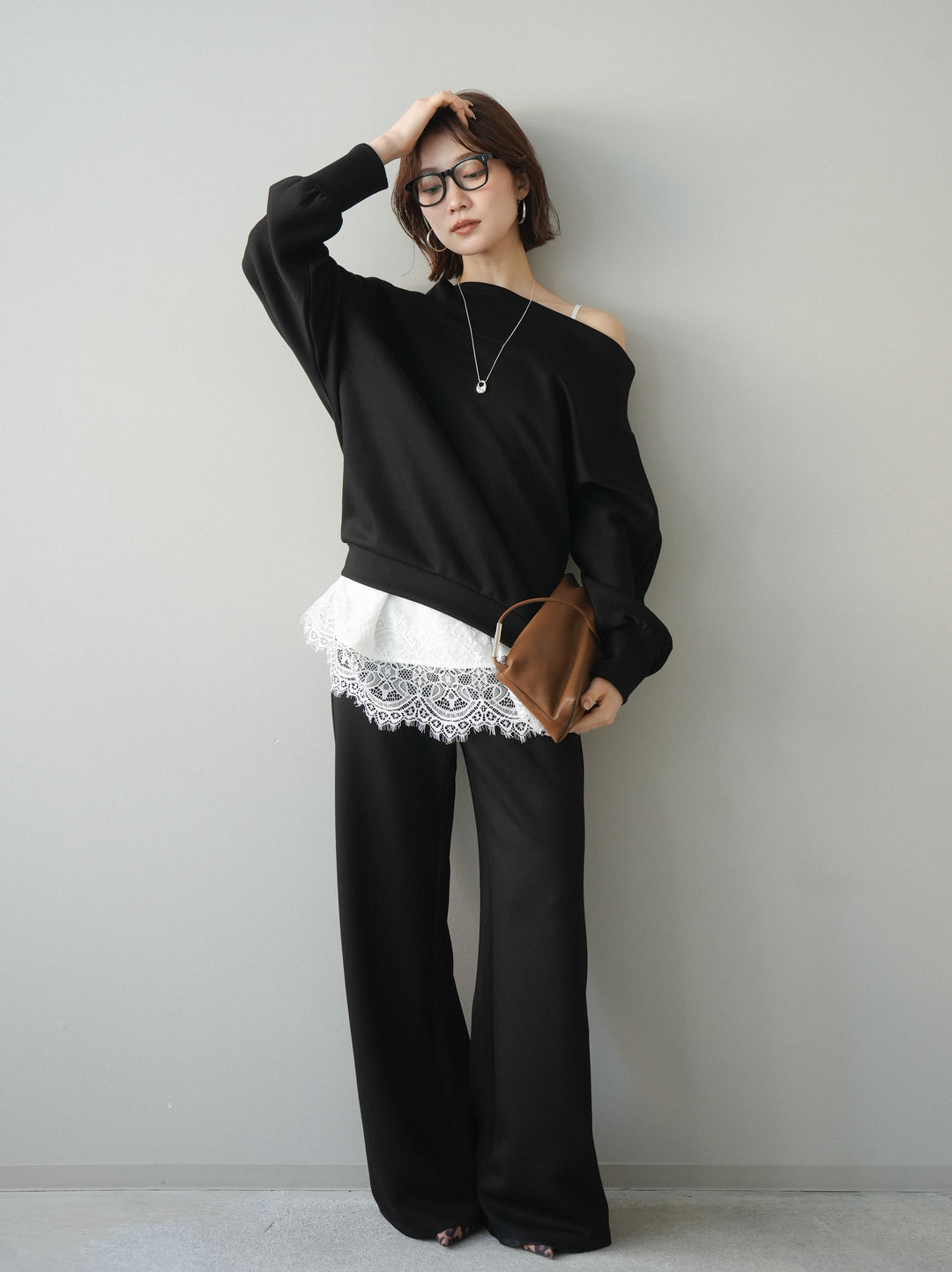 [SET]アシンメトリーオフショルポンチプルオーバー+イージーポンチワイドパンツ(2set)