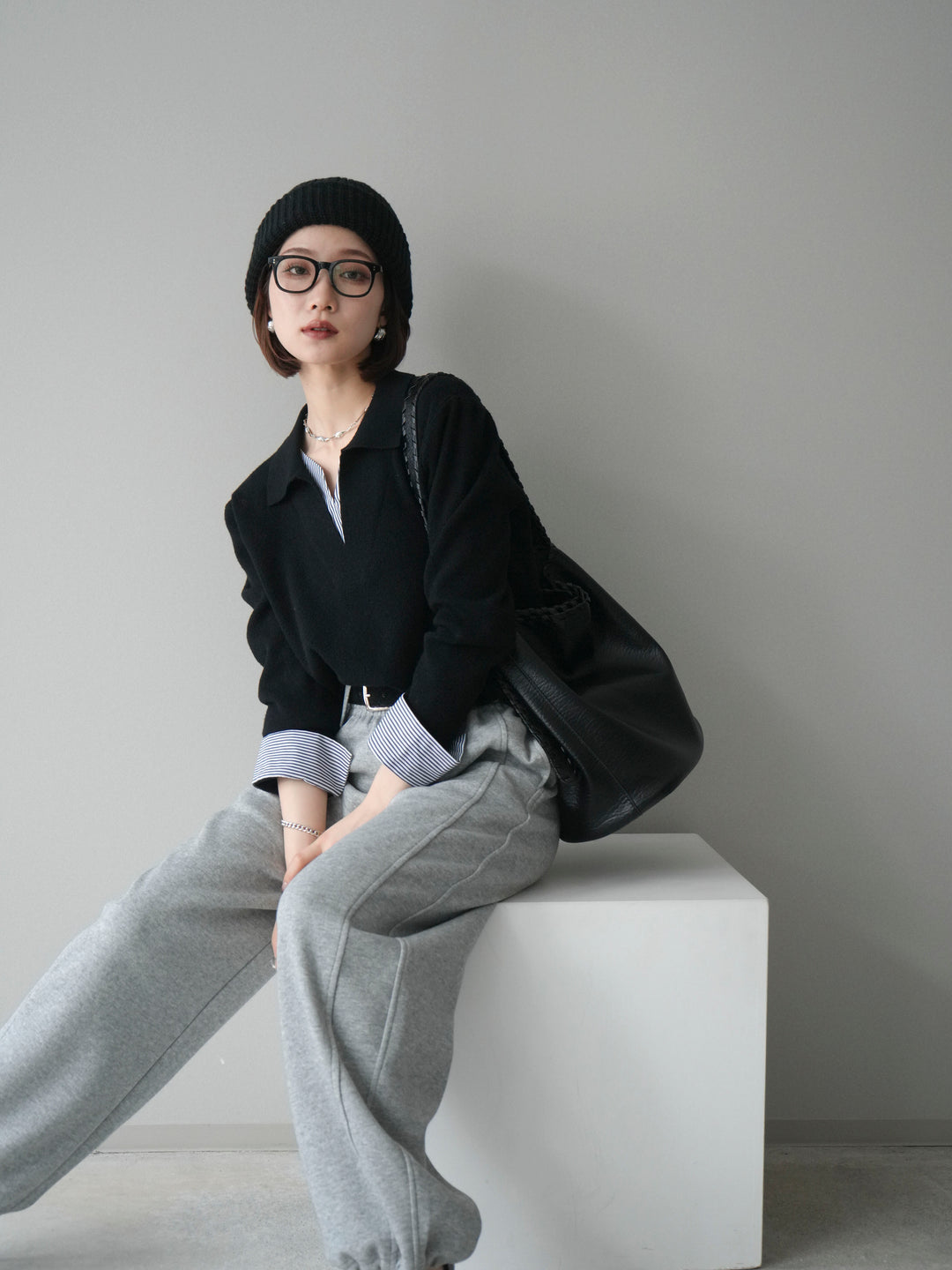 [予約]シャツレイヤードスキッパーニットプルオーバー/black