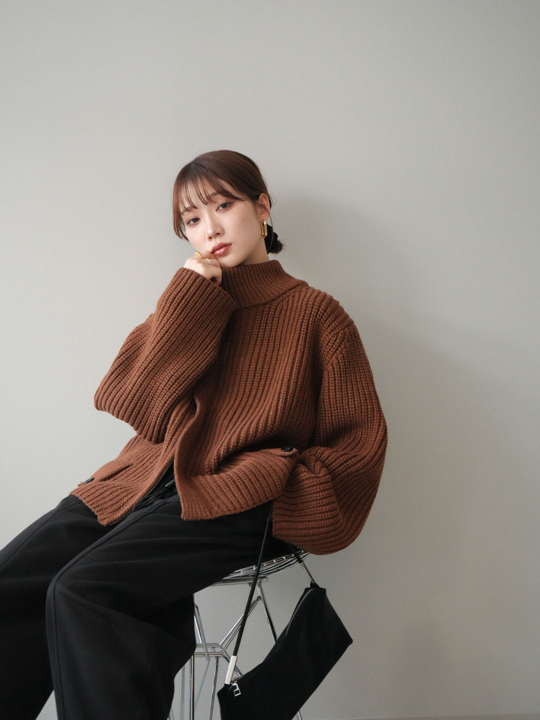 [SET]畦編みボトルネックZIPニットカーディガン+選べるアクセセット(2set)