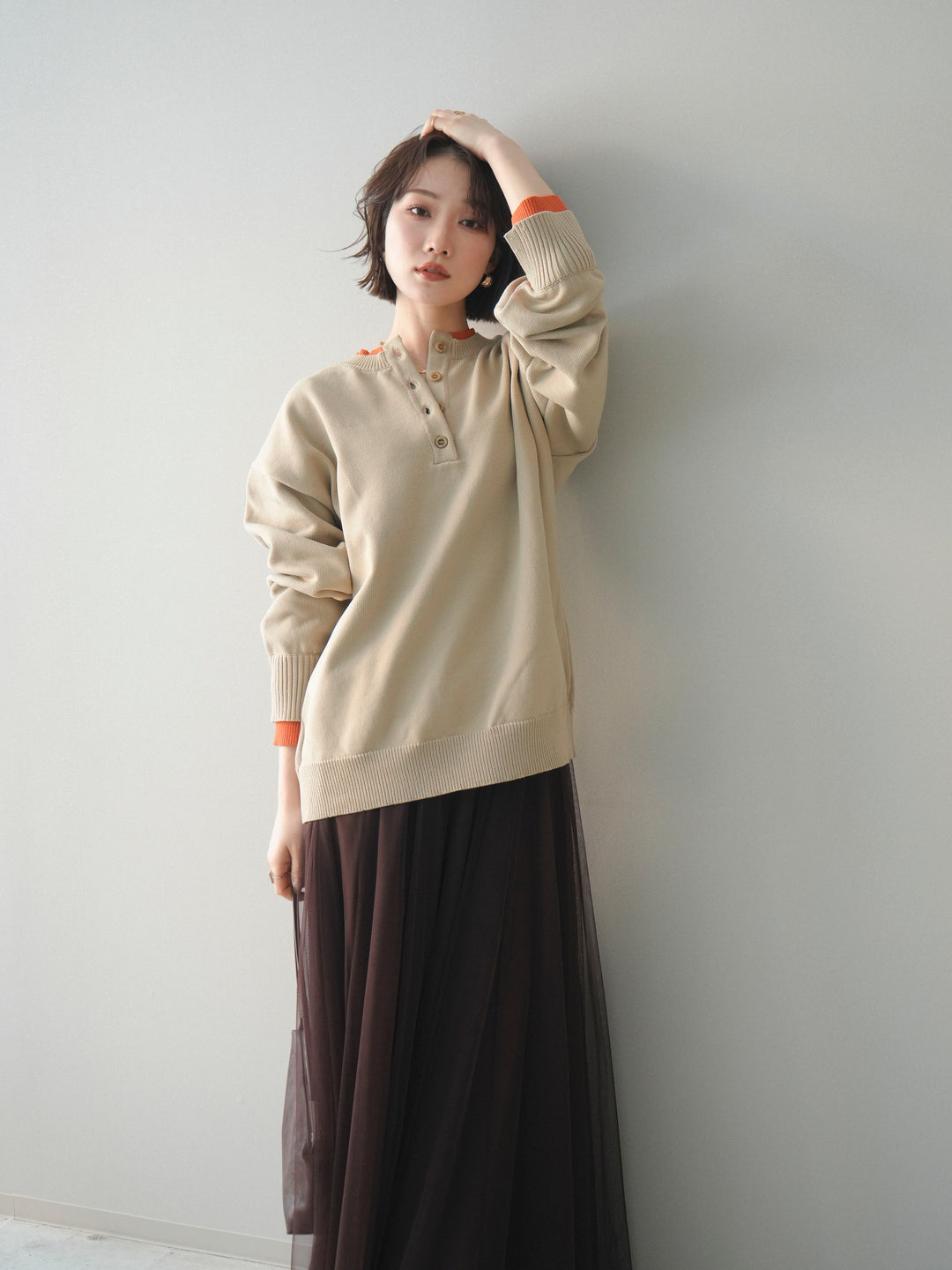 [予約]2WAYネック配色レイヤードニットプルオーバー/beige