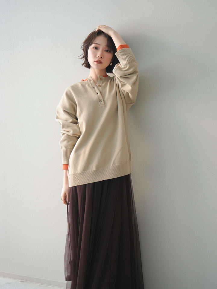 [予約]2WAYネック配色レイヤードニットプルオーバー/beige