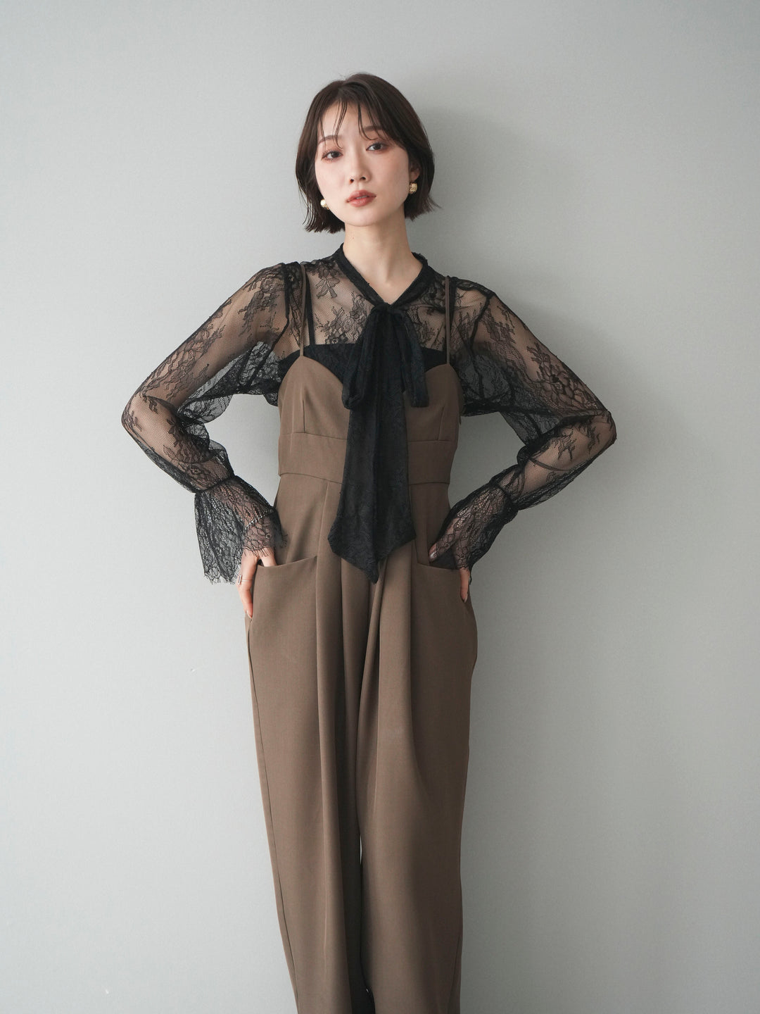 [SET]バックデザインサロペット+リバーレースボウタイトップス(2set)