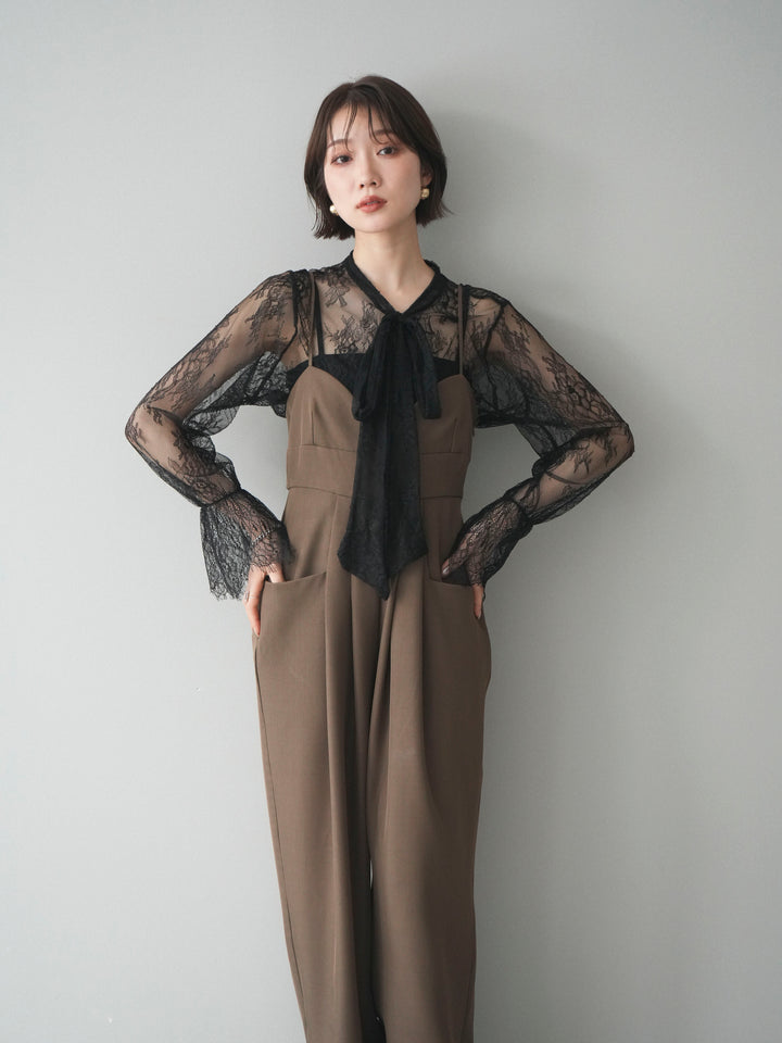 [SET]バックデザインサロペット+リバーレースボウタイトップス(2set)