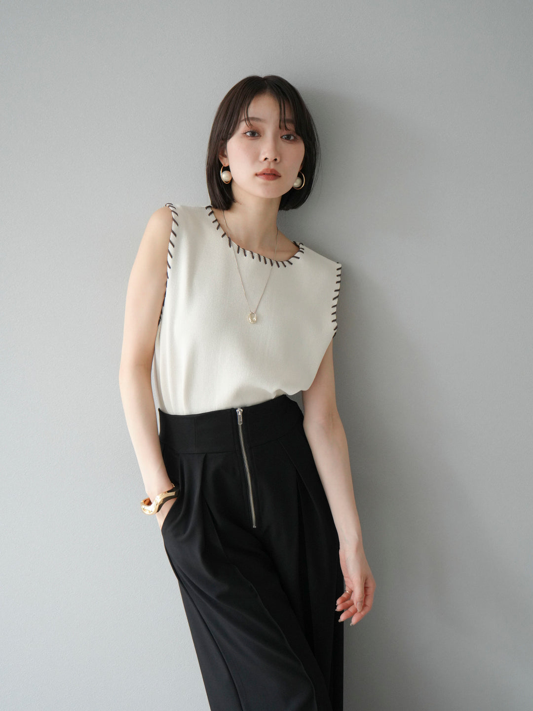 [予約]リネンタッチハンドステッチニットプルオーバー/アイボリー