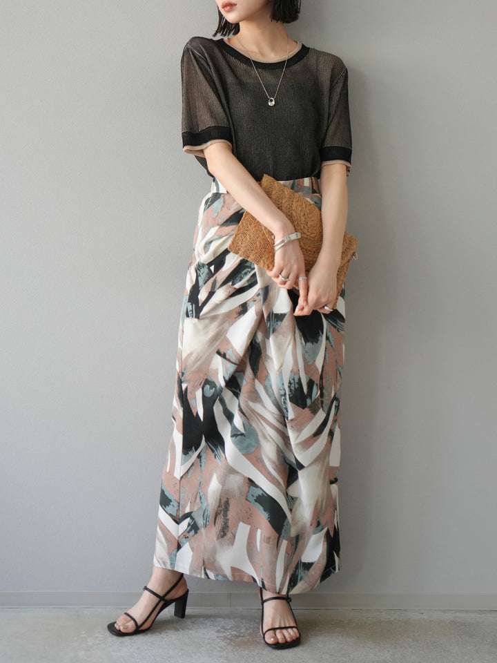 [SET]リネンタッチ配色二重臼ハーフニットトップス+選べるアソート柄スカートセット(2set)
