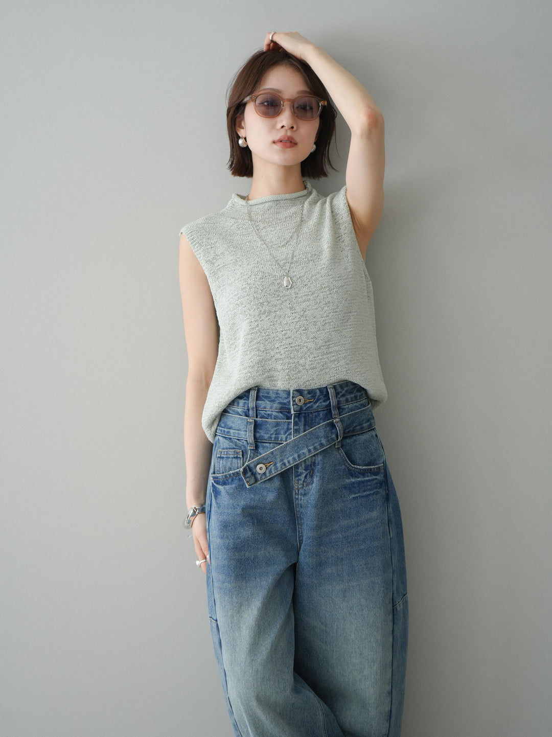 [予約]ノースリーブリネンタッチシアーニットプルオーバー/green