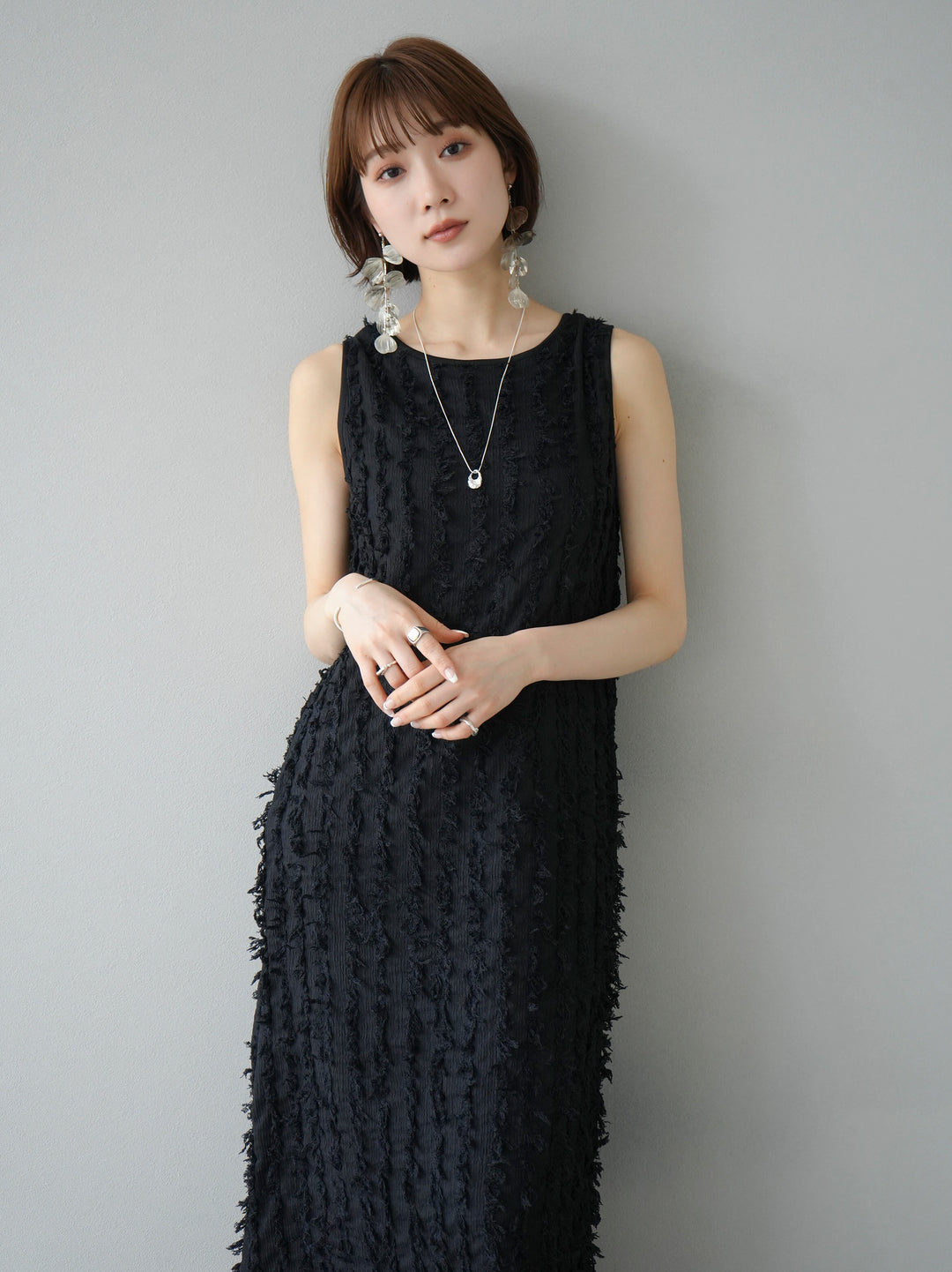 [Pre-order] Fringe Jacquard Stretch Sleeveless Dress/Black