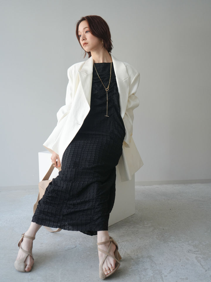 [SET]シャーリングジャガードノースリーブワンピース+エフォートレステイラードジャケット(2set)