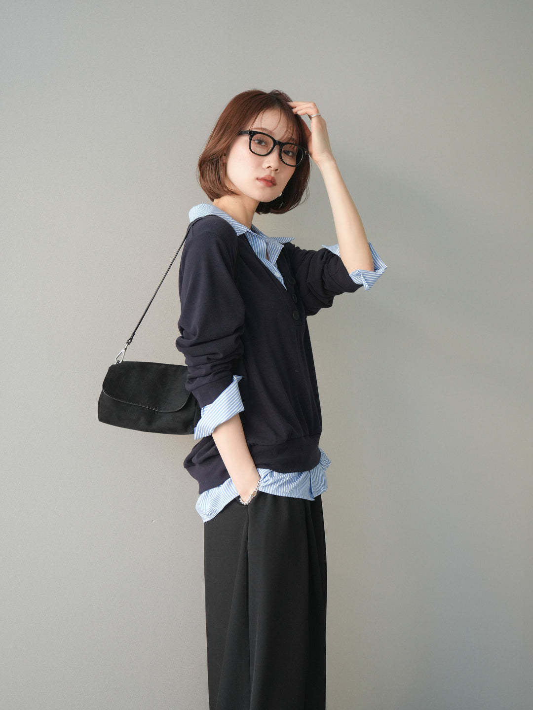 [予約]シャツレイヤードデザインカットプルオーバー/navy