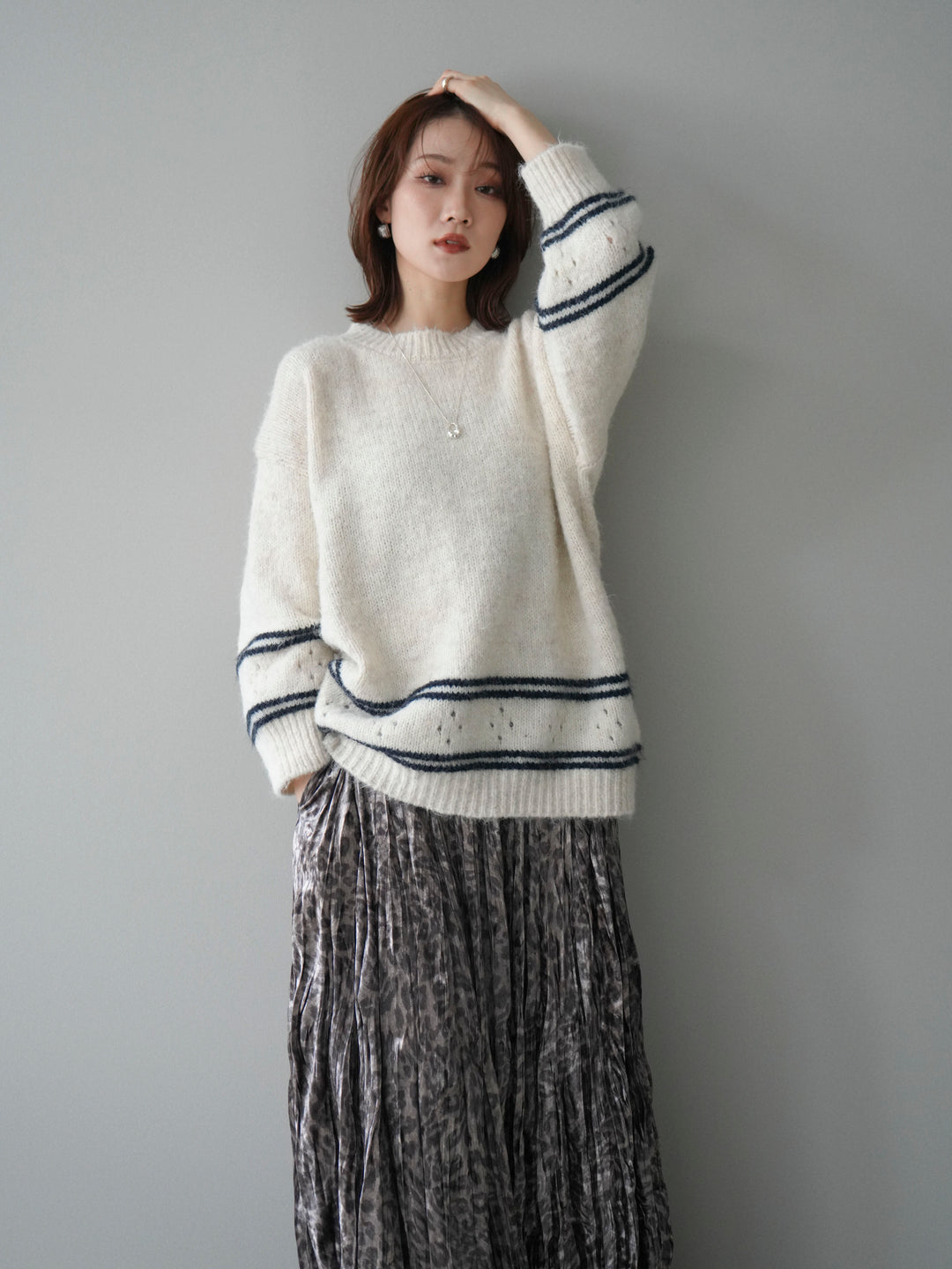 [SET]クルーネックラインボーダーニットプルオーバー+選べるアクセセット(2set)