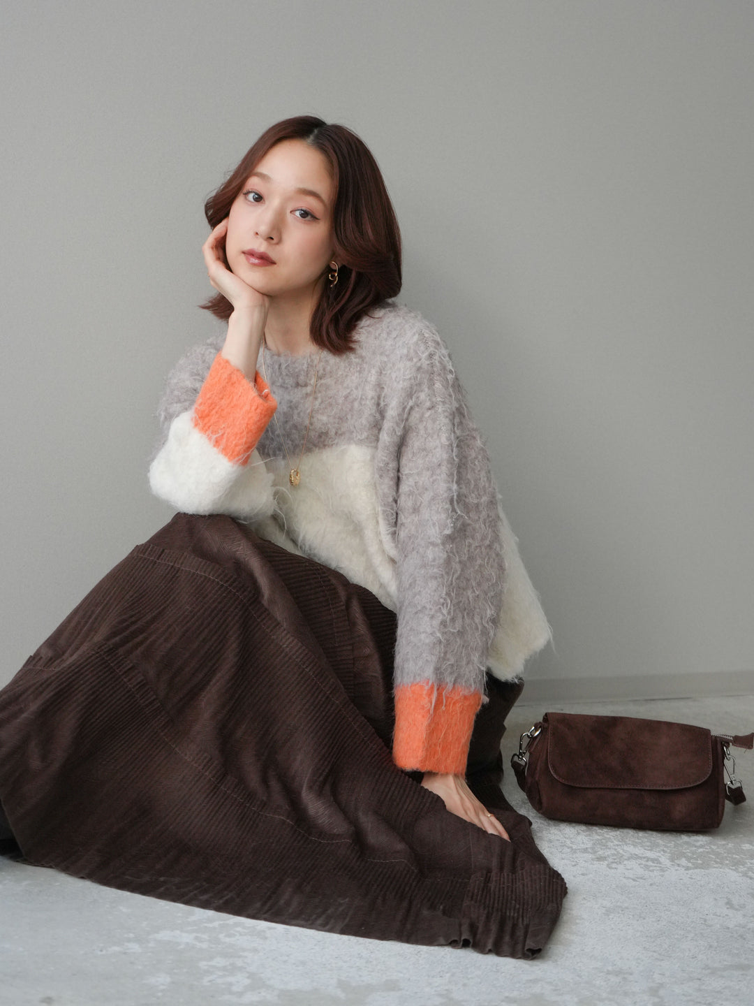 [SET]バイカラーモヘアタッチニットプルオーバー+型押しスエードティアードプリーツスカート(2set)