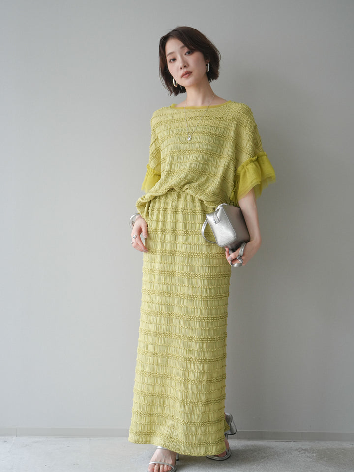 [SET]チュール袖リップルトップス+リップルIラインスカート(2set)