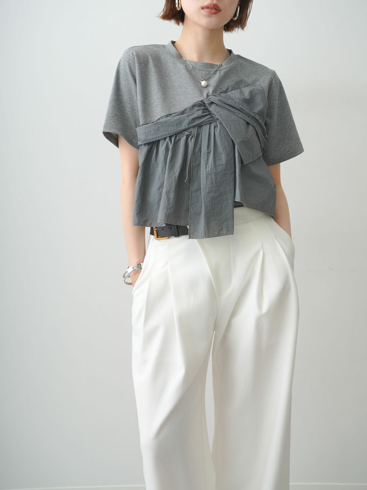 [SET]ナイロンドッキングツイストTEE +アシンメトリーベルトタックワイドパンツ(2set)
