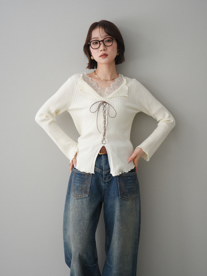 [予約]レースネックレースアップリブニットトップス/ivory