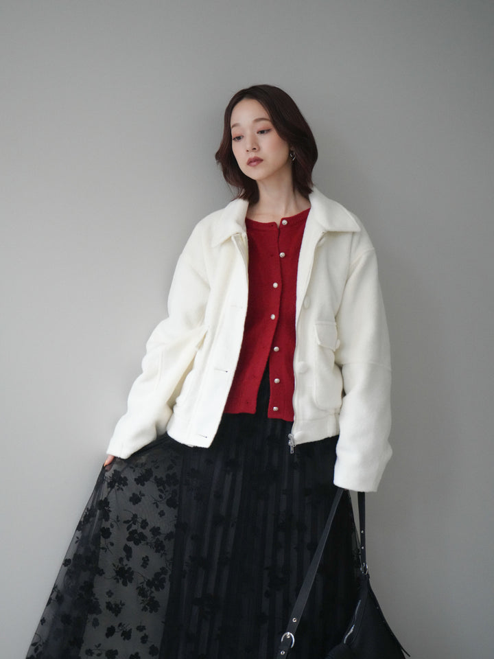[SET]ウールライクフライトジャケット+アンティークボタンニットカーディガン+フラワーフロッキーチュールプリーツスカート(3set)