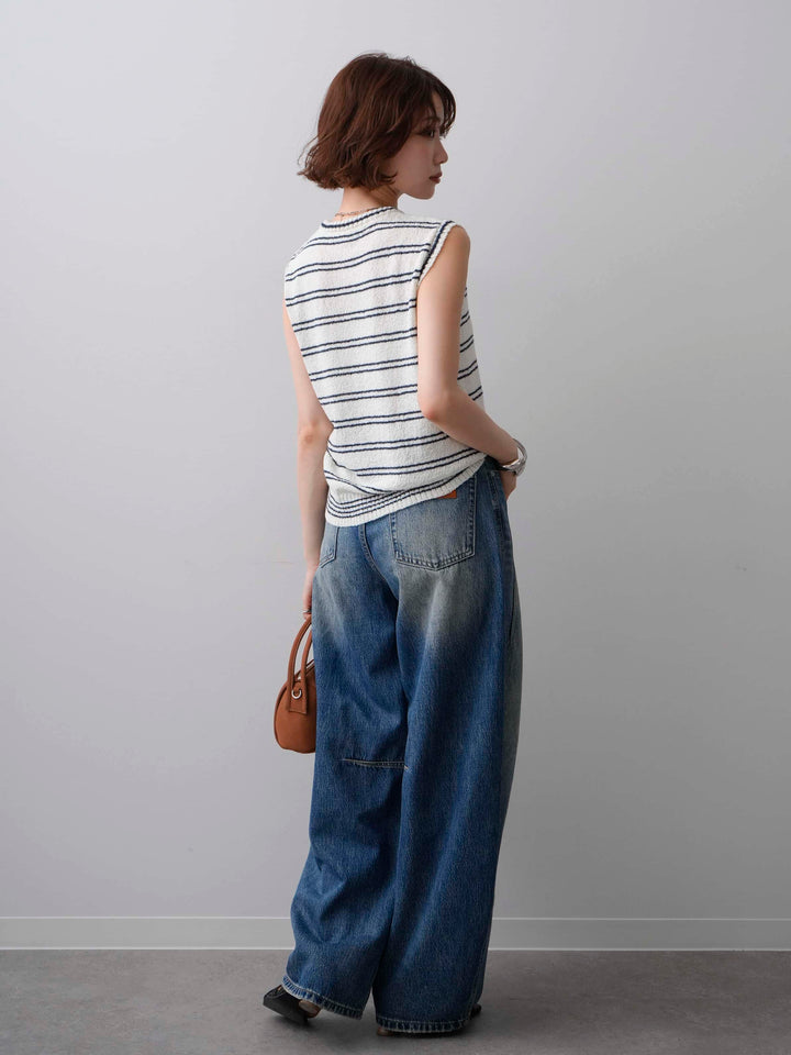 [SET]ボーダーヘンリーノースリニットトップス+立体カーブデニムパンツ(2set)