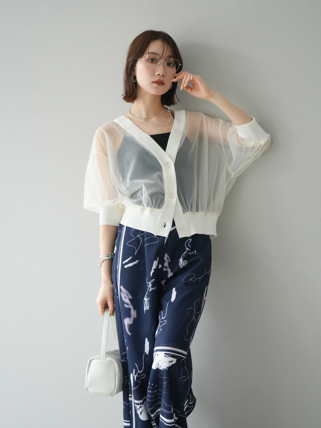 [SET] 透視半袖褶皺開襟衫 + 彩繪圖案褶襉褲 (2set)