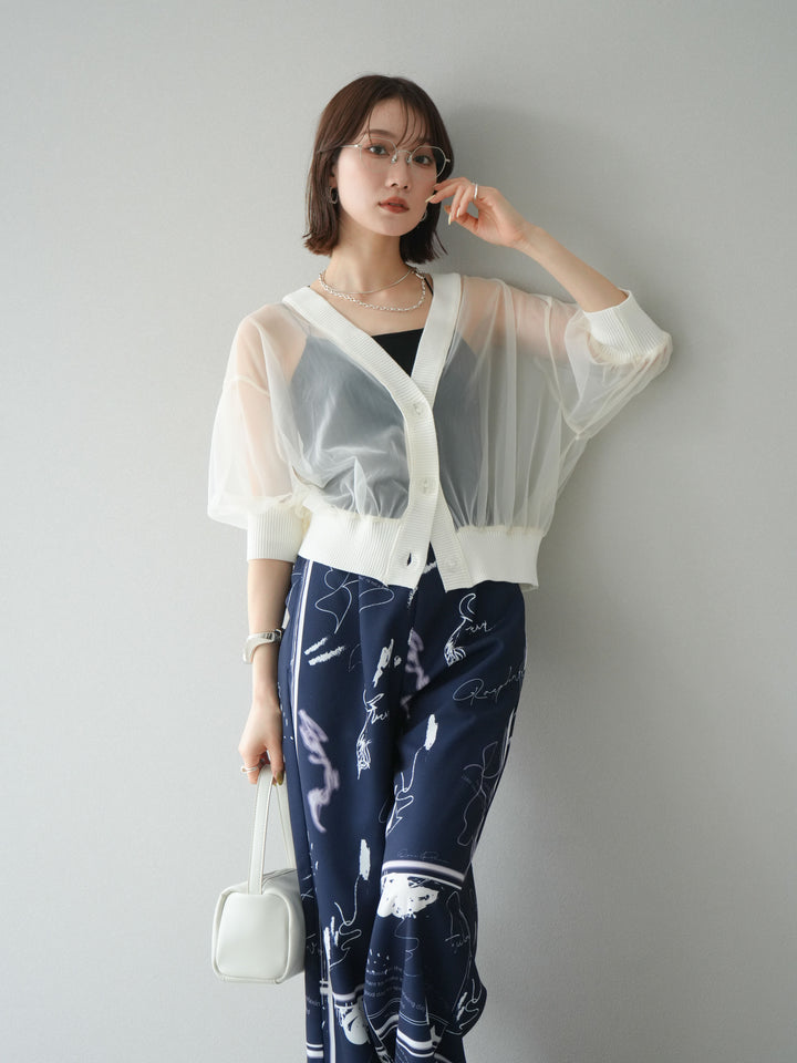 [SET] 透視半袖褶皺開襟衫 + 彩繪圖案褶襉褲 (2set)
