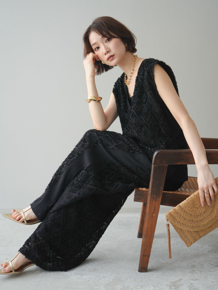 [SET]フリンジレイヤードVネックノースリーブ+フリンジイージーストレートパンツ(2set)