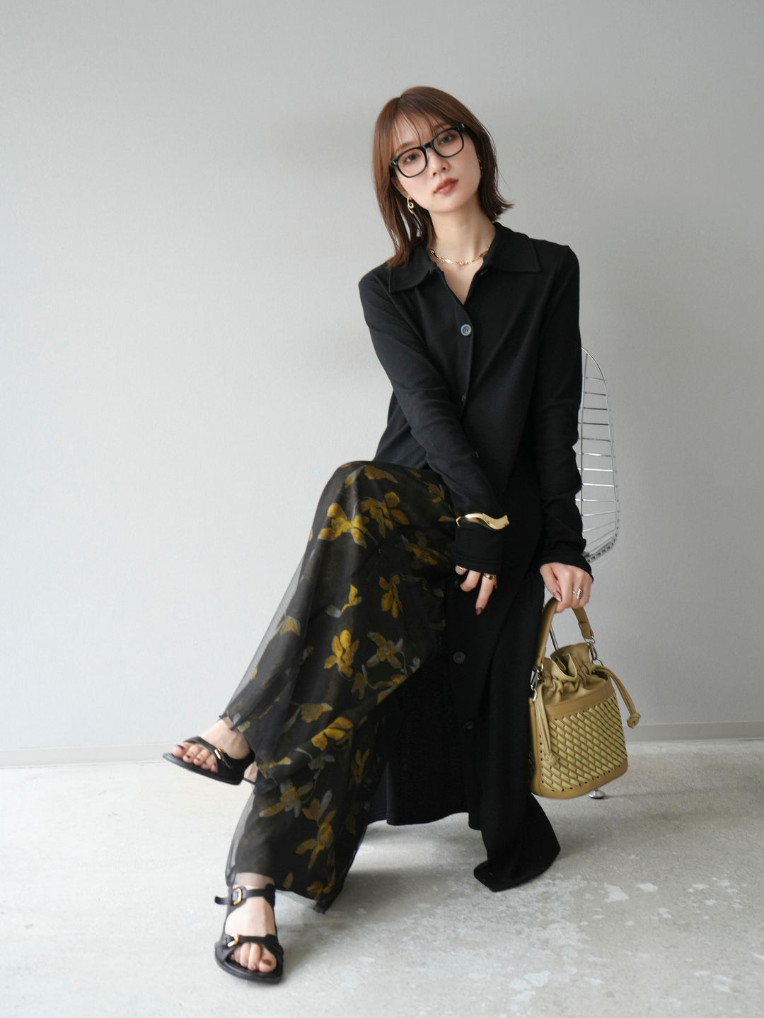 [SET]襟付きカットリブボタンワンピース+フラワープリントチュールレイヤードパンツ(2set)