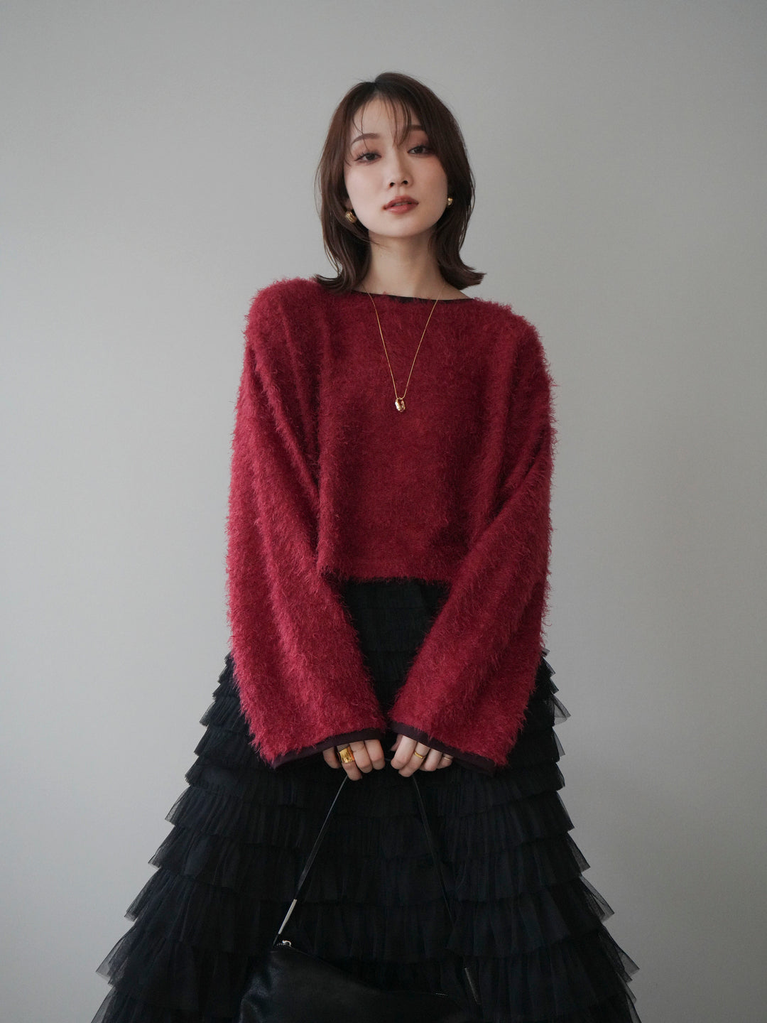 [予約]バイカラー2WAYシャギーニットカーディガン/red