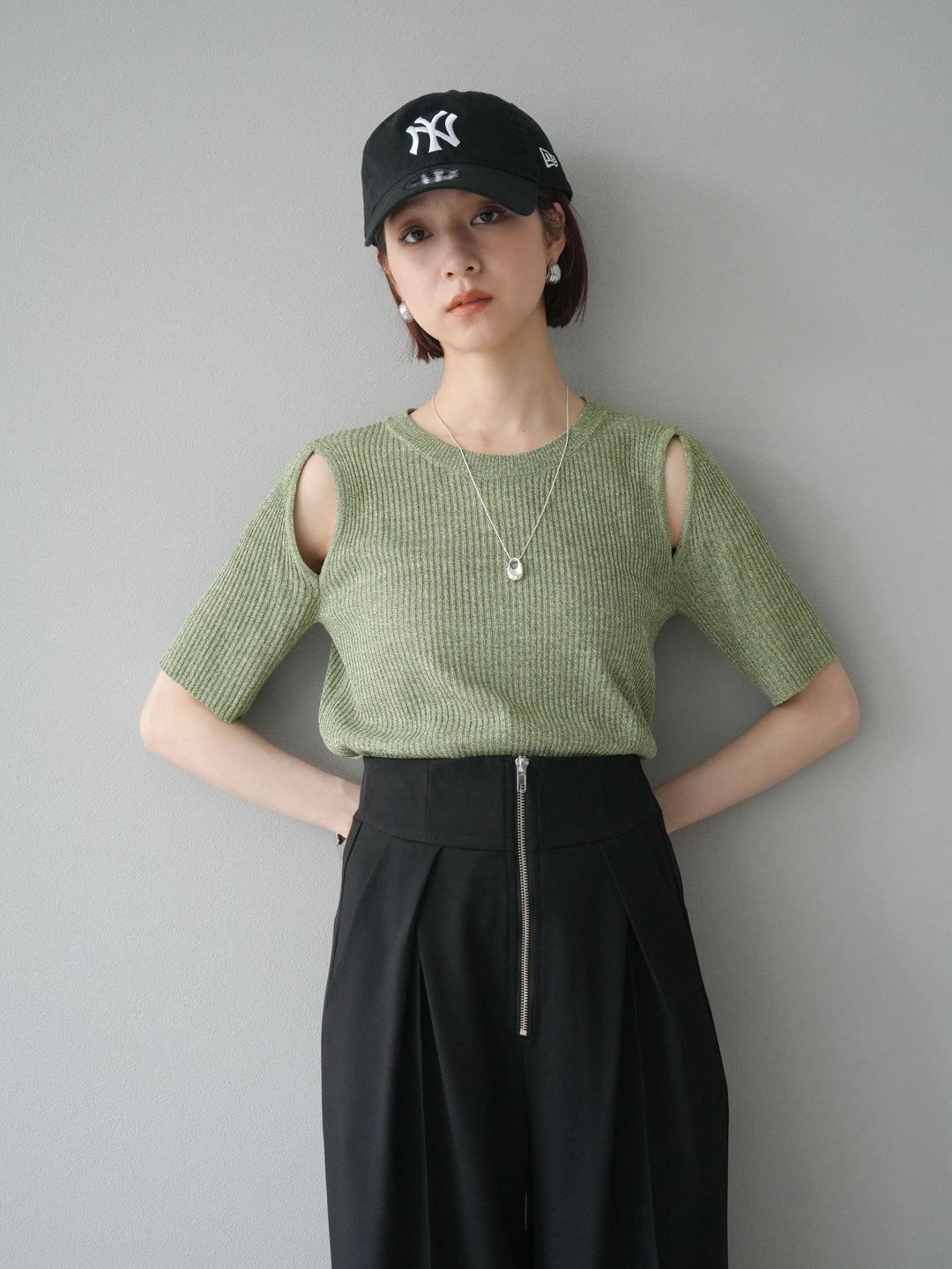 [予約]MIXニットショルダースリットプルオーバー/グリーン