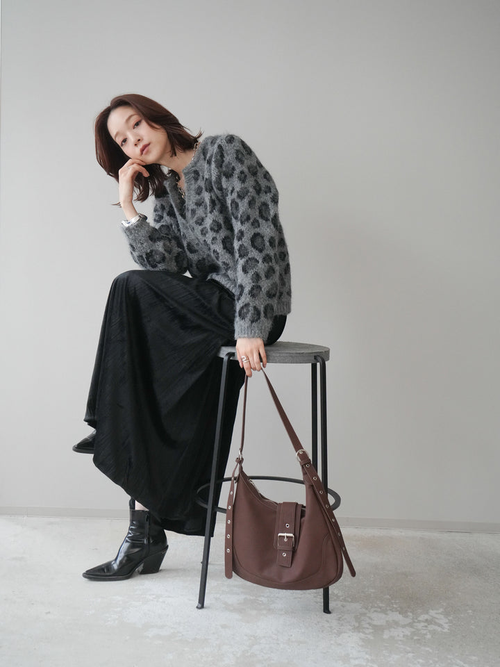 [SET]モヘアタッチレオパード柄ニットカーディガン+ワッシャーベロアプリーツスカート(2set)