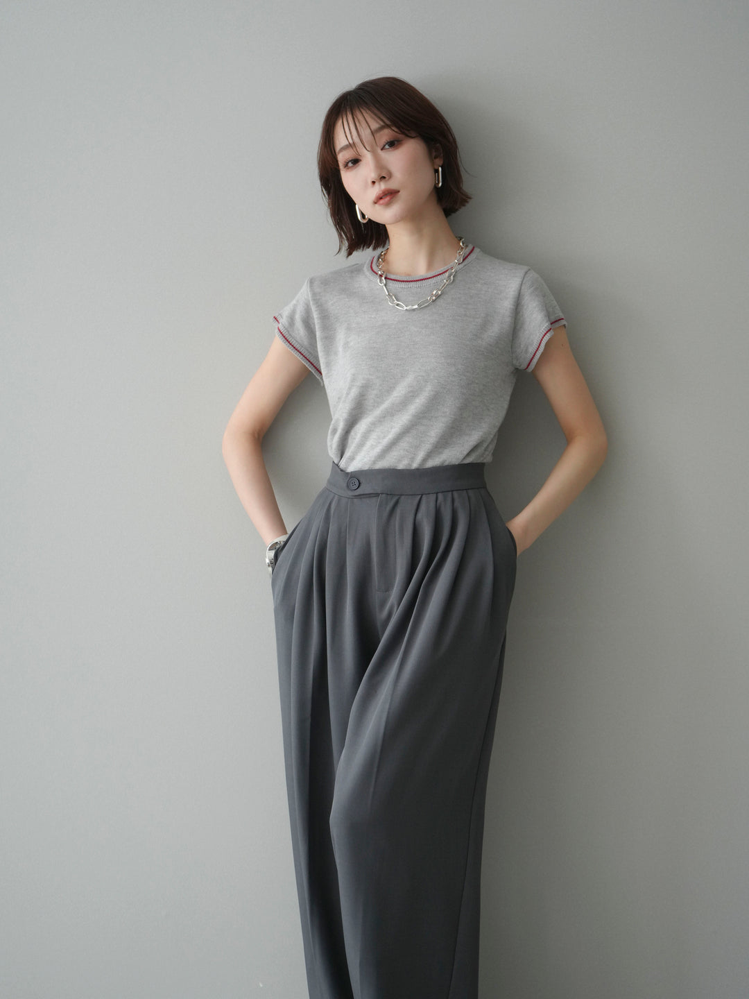 [SET]配色ハーフスリーブニットトップス+メニータックワイドパンツ(2set)