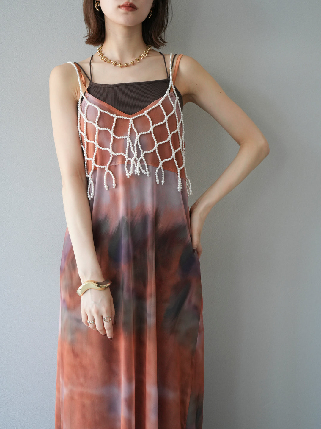 [予約タイダイ柄シアーキャミワンピース/オレンジ