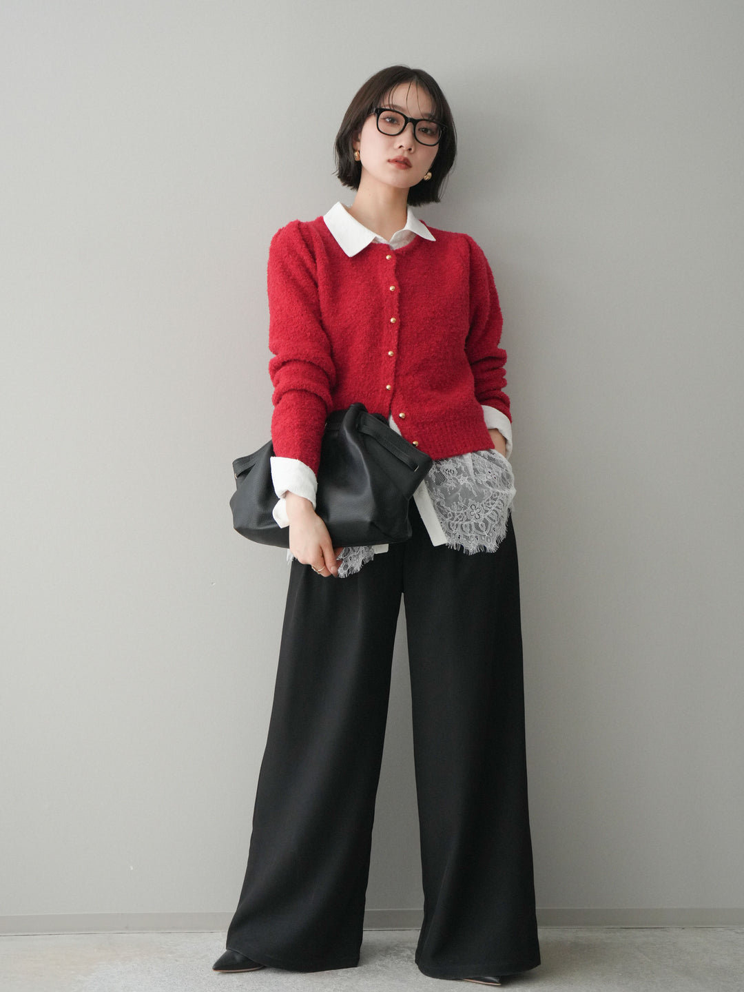 [予約]ウエストレースタックワイドパンツ/black